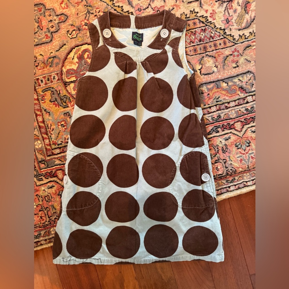 Mini Boden Brown Polka Dot Sleeveless Cord Dress, size 11-12.